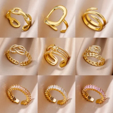 316L Gold Color Stainless Steel Cubic Zirconia Rings for Women Fashion Luxury Open Cuff Rings Romantic Couple Jewelry Wholesale